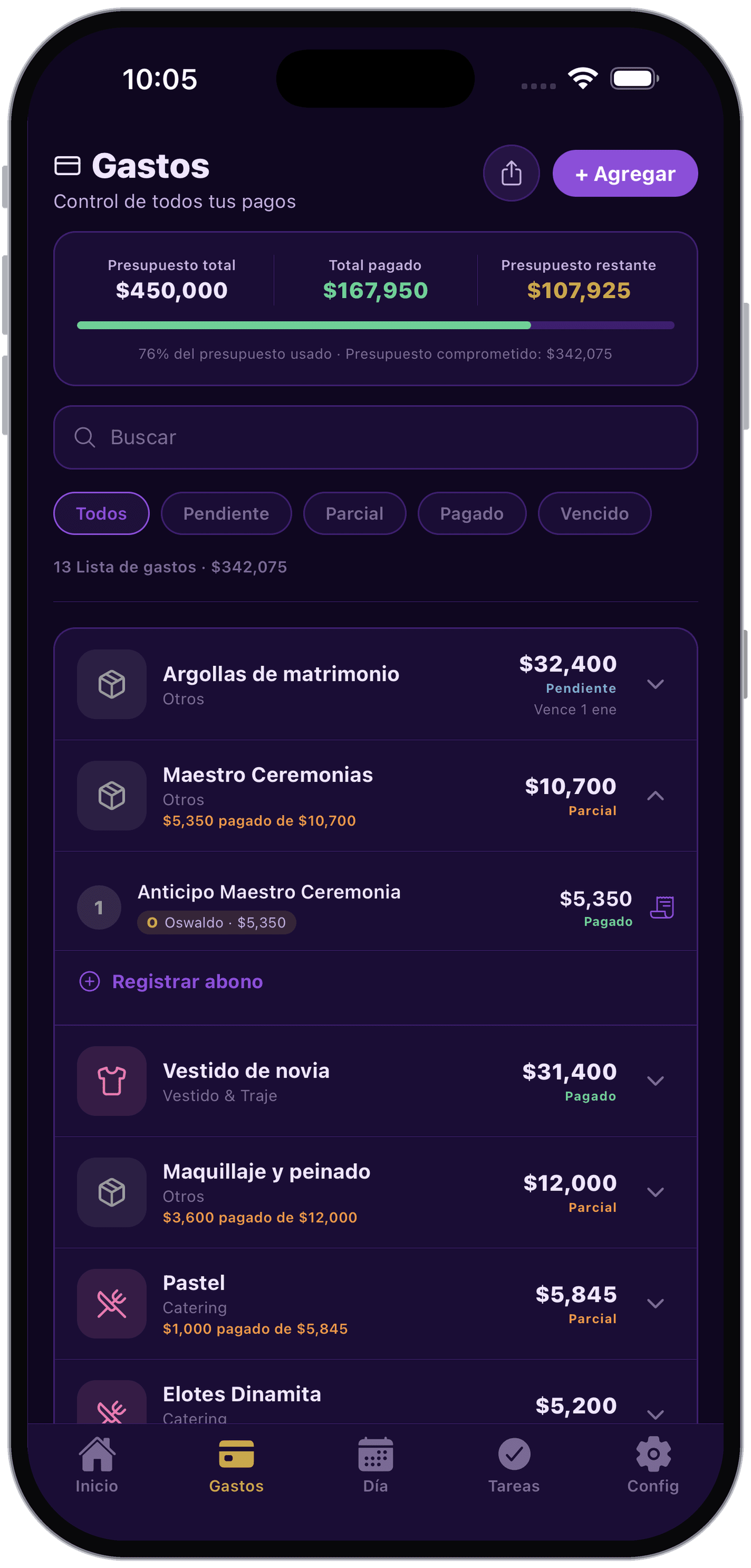 Pantalla real de gastos de WeDoDay, con presupuesto, pagos y saldo disponible